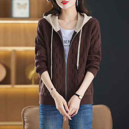 Women's Hooded Sweater Coat: Fall Winter Western Style Zipper Knitted Cardigan