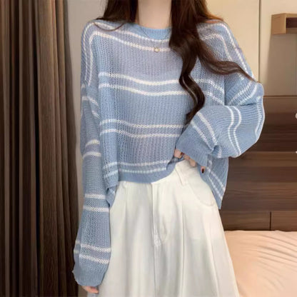 Striped Hollow-Out Loose Thin Sweater Short Top