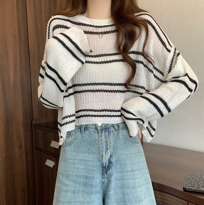 Striped Hollow-Out Loose Thin Sweater Short Top