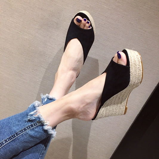 Peep Toe Suede Platform Wedge Slippers with Fashionable Word Strap for Women