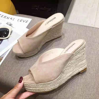 Peep Toe Suede Platform Wedge Slippers with Fashionable Word Strap for Women