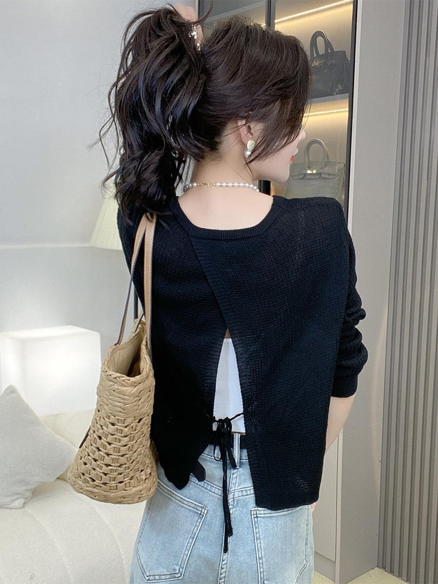 Women's New Thin Lace-Up Knitted Top with Long Sleeves