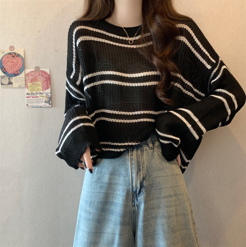 Striped Hollow-Out Loose Thin Sweater Short Top