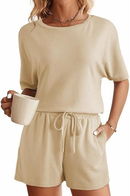 Solid Color Casual Waffle Two-piece Set for Women