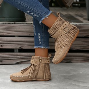 Women's Double-Layer Tassel Flat-Bottom Fleece-Lined Boots