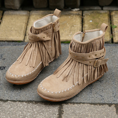 Women's Double-Layer Tassel Flat-Bottom Fleece-Lined Boots