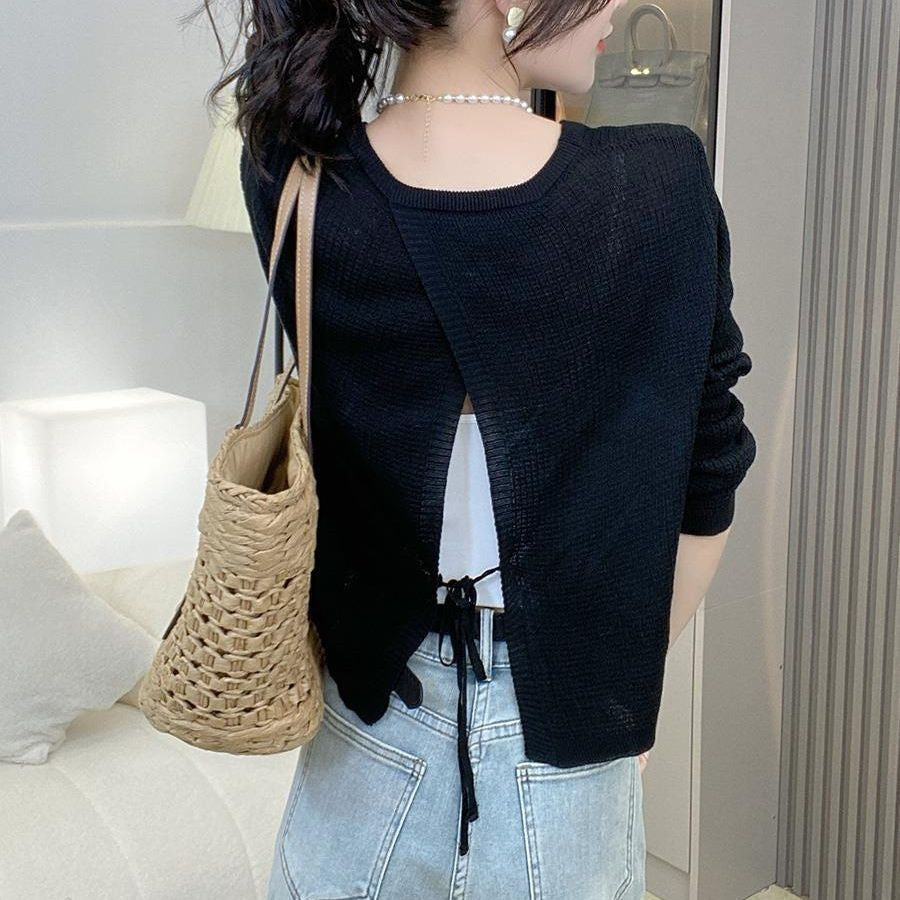 Women's New Thin Lace-Up Knitted Top with Long Sleeves