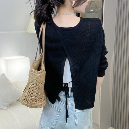 Women's New Thin Lace-Up Knitted Top with Long Sleeves