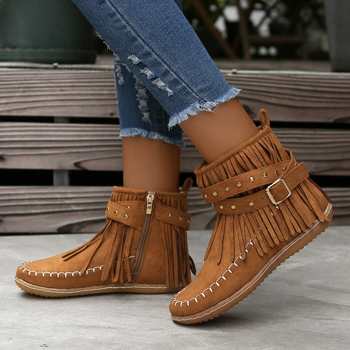 Women's Double-Layer Tassel Flat-Bottom Fleece-Lined Boots