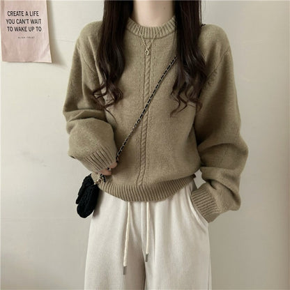 Korean Style Gentle Round Neck Cable-Knit Sweater