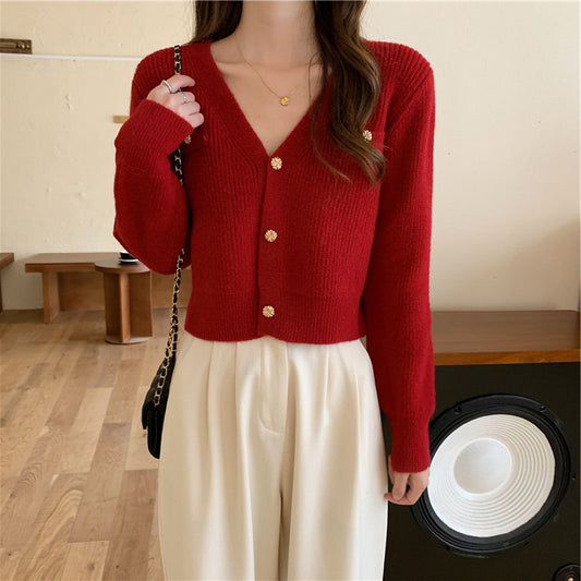 Classic Style V-Neck Long-Sleeve Short Knitted Cardigan Sweater