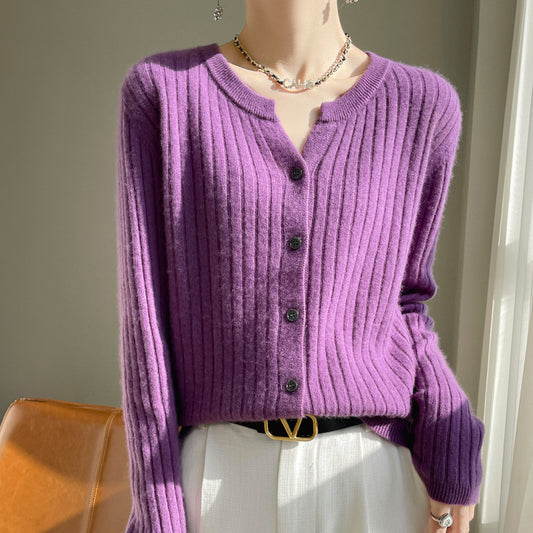 Round Neck Slim-Fit Short Striped Solid Color Knitted Cardigan