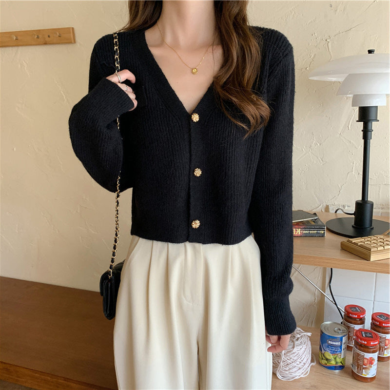 Classic Style V-Neck Long-Sleeve Short Knitted Cardigan Sweater