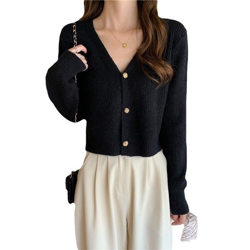 Classic Style V-Neck Long-Sleeve Short Knitted Cardigan Sweater