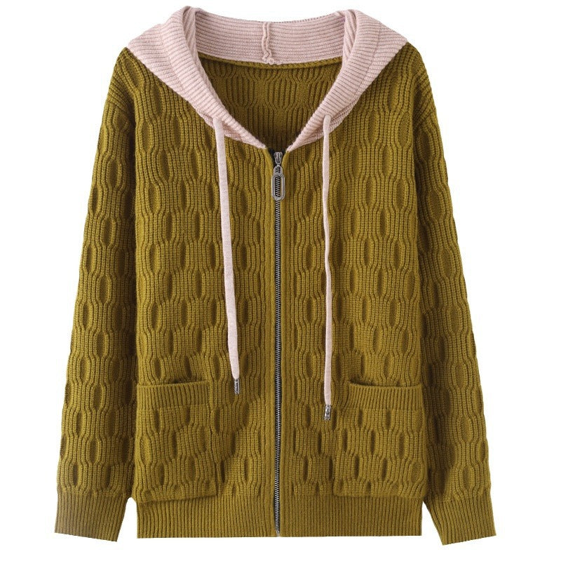 Women's Hooded Sweater Coat: Fall Winter Western Style Zipper Knitted Cardigan