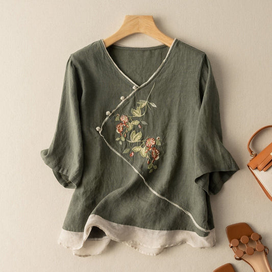 Women's Fashion Vintage Oblique Placket Buckle Cotton And Linen Loose V-neck Embroidery Top