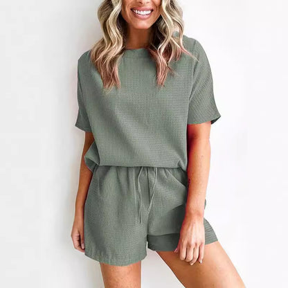 Solid Color Casual Waffle Two-piece Set for Women