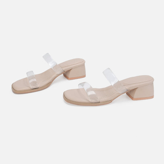 White Mid-Heel Sandals with Transparent Outer-Wear Slippers for Women