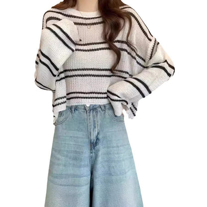 Striped Hollow-Out Loose Thin Sweater Short Top