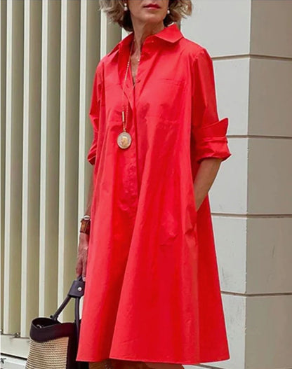 Polka Dot Print Shirt Collar Long Sleeve Pocket Mid-length Dress