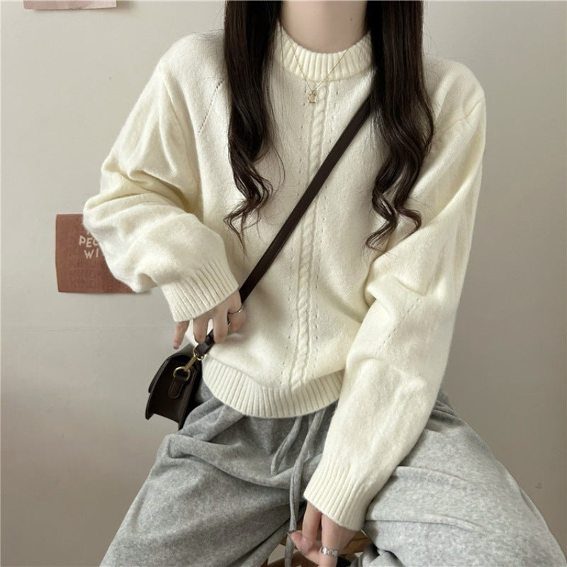 Korean Style Gentle Round Neck Cable-Knit Sweater