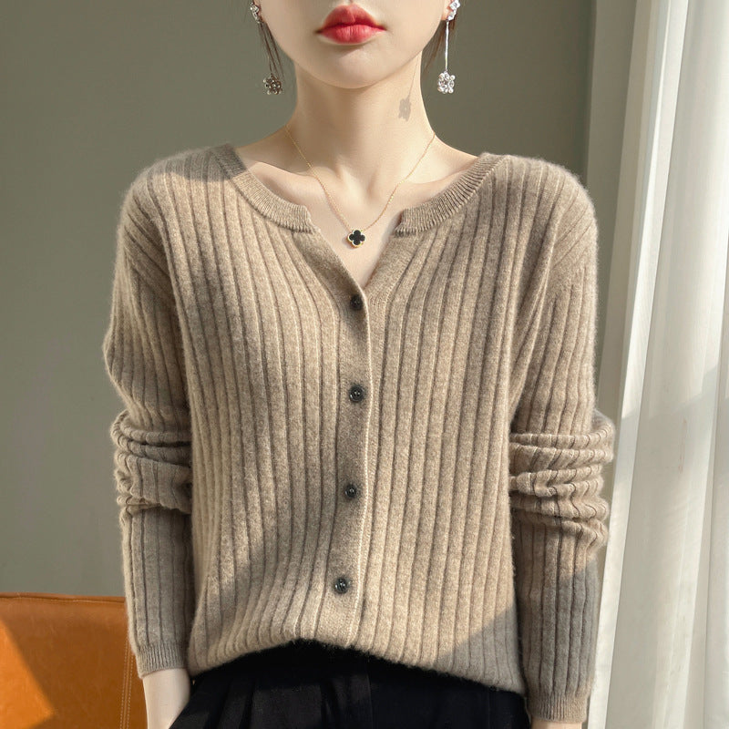 Round Neck Slim-Fit Short Striped Solid Color Knitted Cardigan