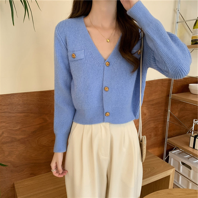 Classic Style V-Neck Long-Sleeve Short Knitted Cardigan Sweater