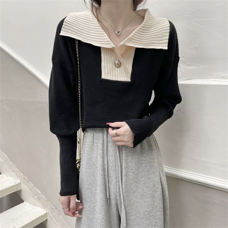 French Contrast Color Lapel Knitted Long Sleeve Sweater