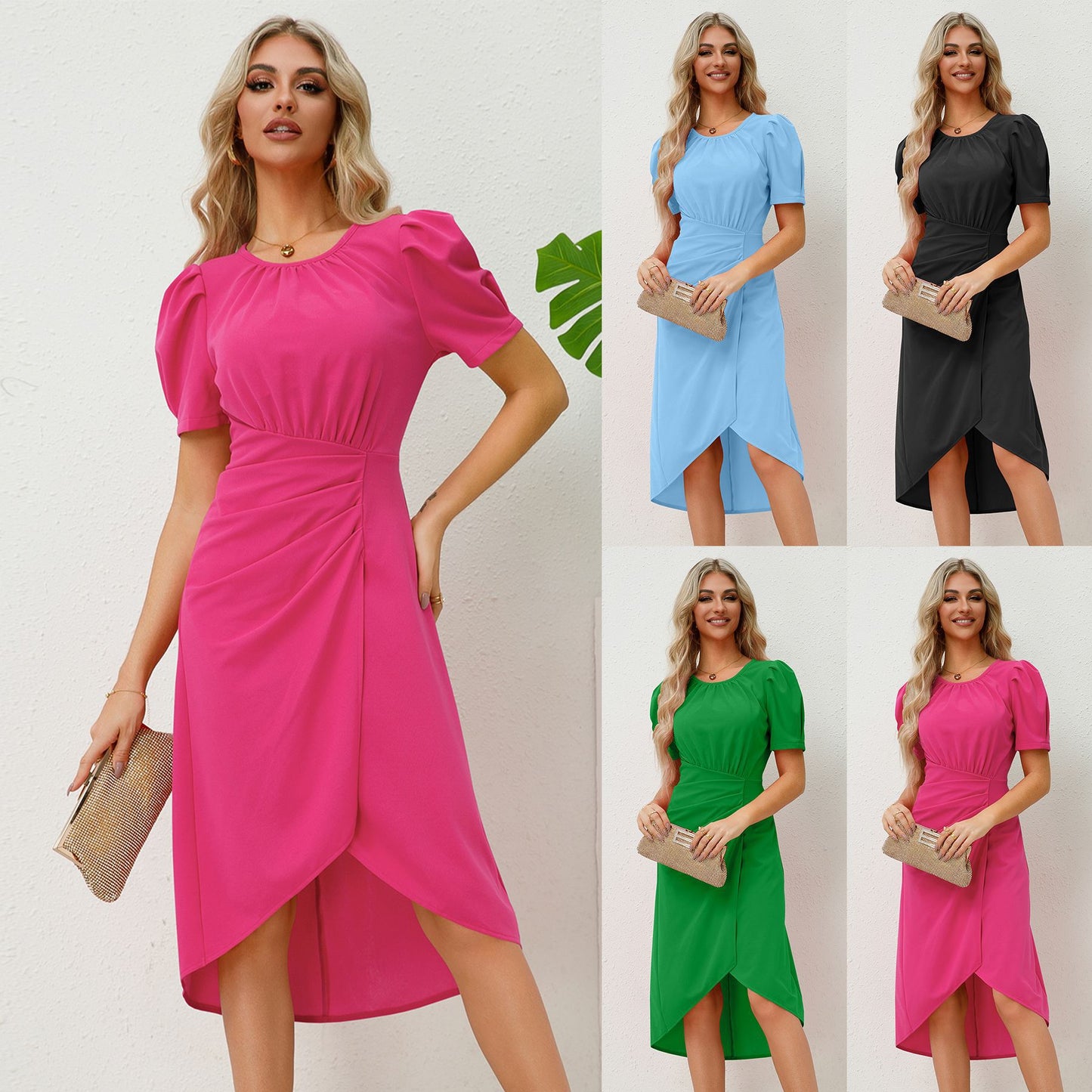 European and American Business Round Neck Puff Sleeve Slim Dress