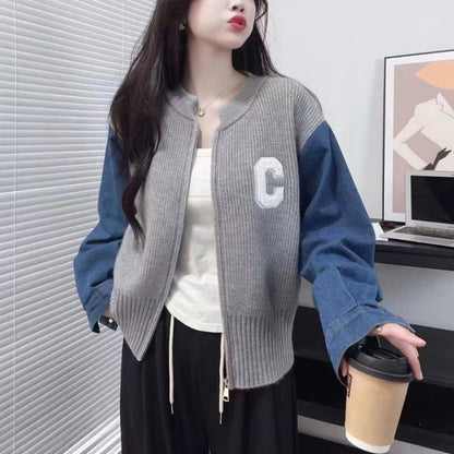 Women's Autumn/Winter Sweater Stitching Denim Loose Retro Style Coat