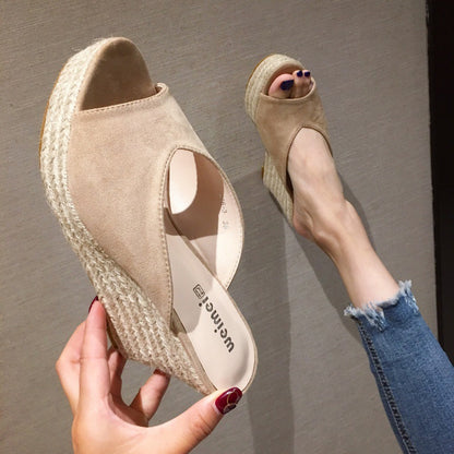 Peep Toe Suede Platform Wedge Slippers with Fashionable Word Strap for Women