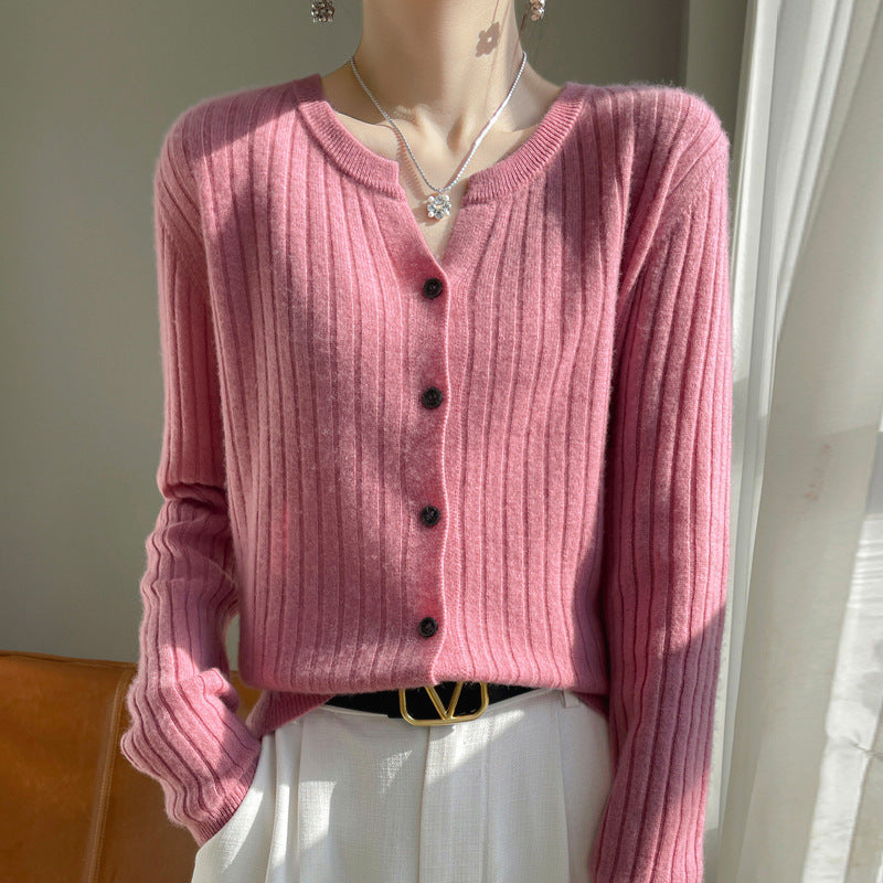 Round Neck Slim-Fit Short Striped Solid Color Knitted Cardigan