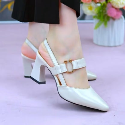 Closed Toe Leather Chunky Heel Sandals for Women - High-Heeled Backless Shoes