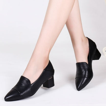 Soft Leather Low-cut Soft Leather Pointed Toe Thick Heel Leather Shoes