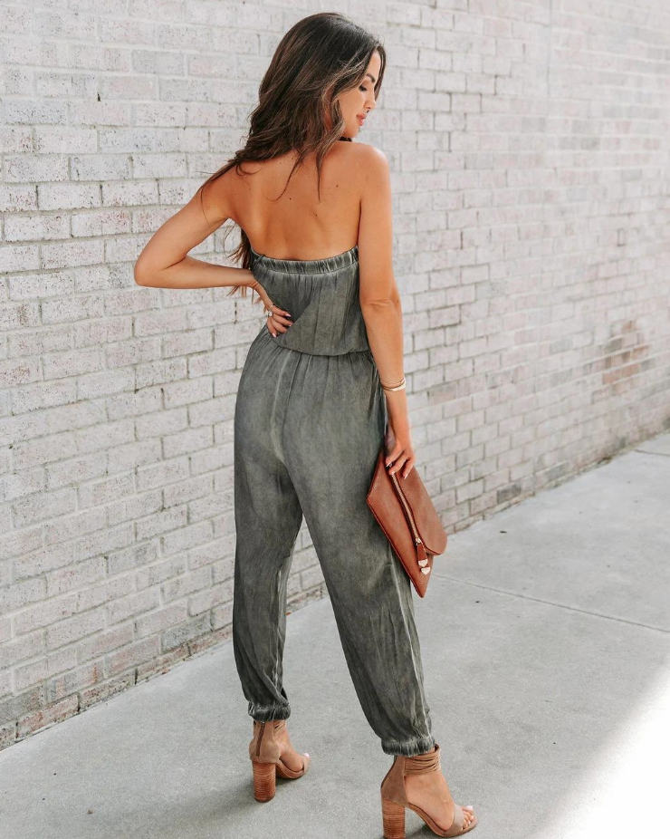 European And American Ladies Bandeau Distressed Lace-up Jumpsuit