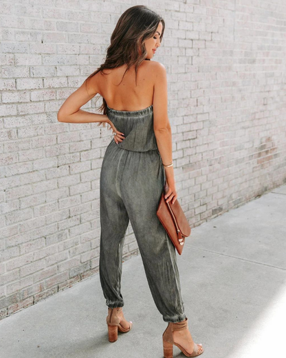 European And American Ladies Bandeau Distressed Lace-up Jumpsuit