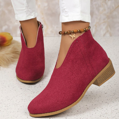 Fashion Suede V-Cut Ankle Boots with Side Zipper and Round Toe