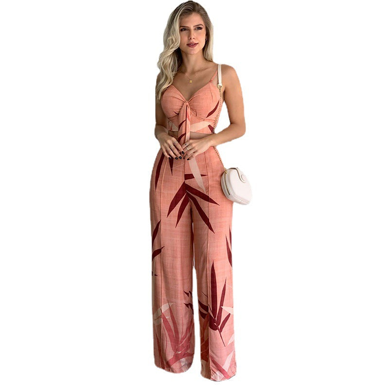 New Linen V-neck Short Vest High Waist Print Wide Leg Pants Two-piece Set