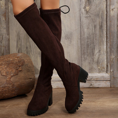 Leopard Over-the-Knee Boots Fashionable High-Tube Socks, Winter Chunky Heel Long Boots