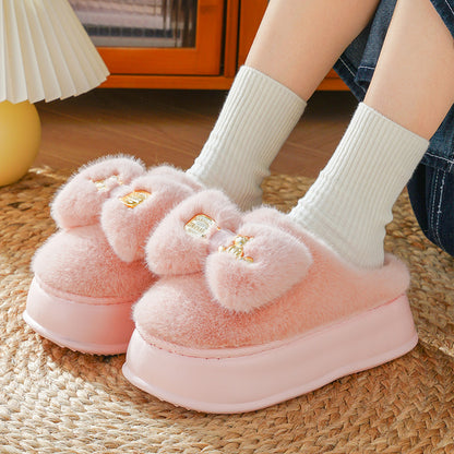 Women's Winter Bowknot Plush Thick-Soled Cotton Slippers