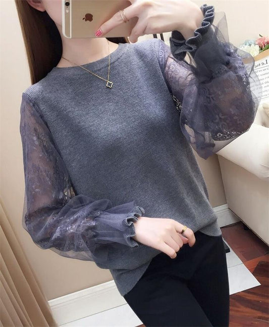 Western Style Women's Loose Sweater with Lace Sleeves – Stylish Outerwear and Bottoming Shirt