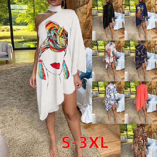 Women's Printed One-sleeve Off-the-shoulder Dress