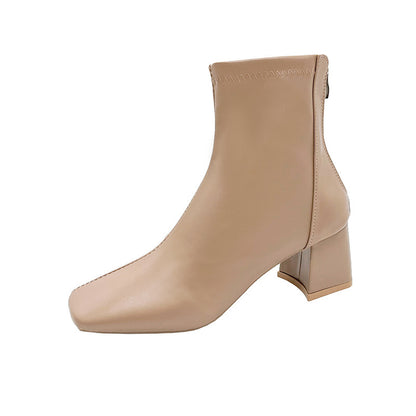 Chunky Heel Short Boots with Square Toe and Back Zip, European and American Style