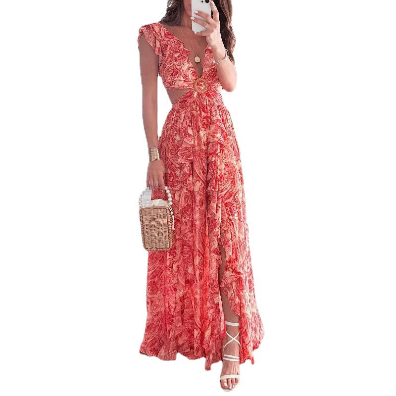 Fashion Print Lace Ruched Sleeve Dress