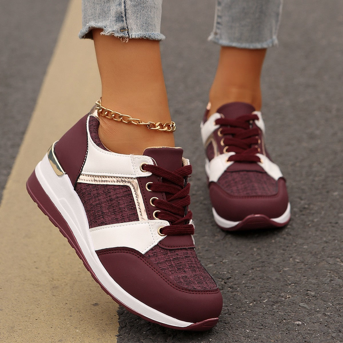 Women’s Colorblock Lace-Up Sneakers - Casual Thick-Soled Round Toe Sports Shoes & Easy Slip-On Footwear