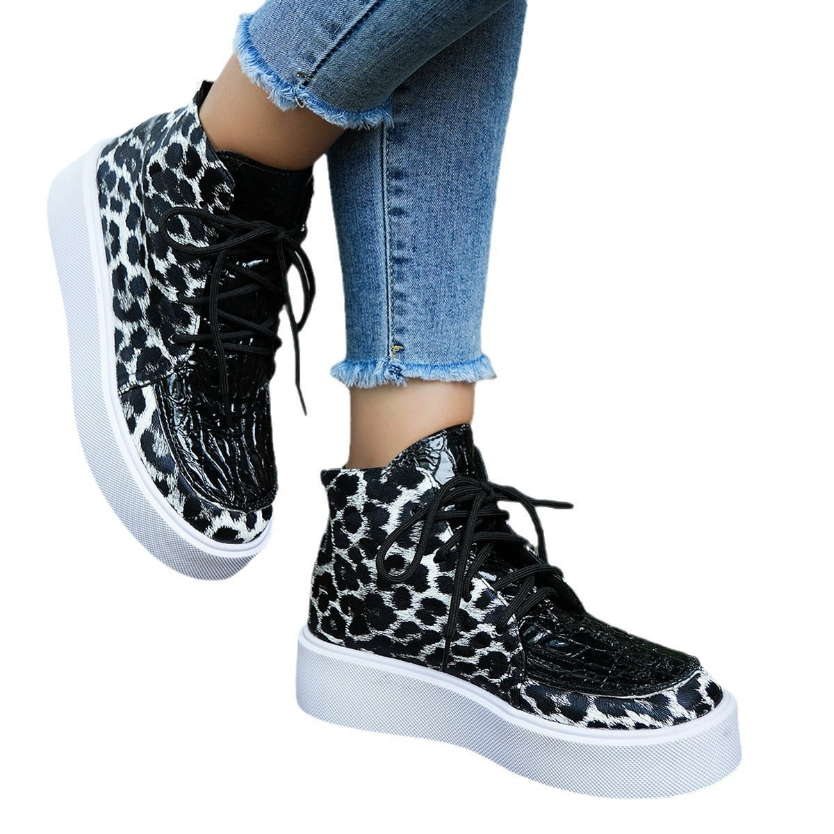 High-Top Leopard Print Flat-Heeled Platform Lace-Up Casual Shoes for Women