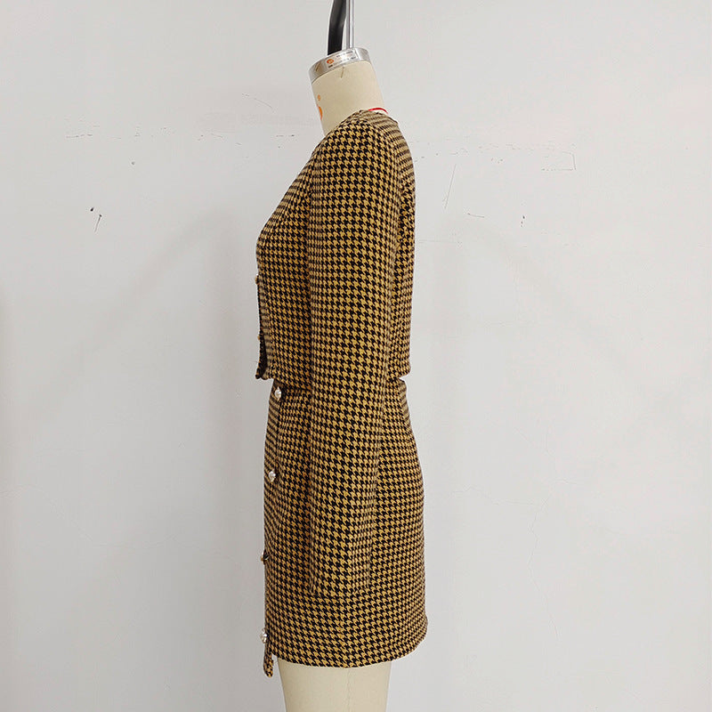 Mid-Length Dress Set with Commuter Plaid Jacket