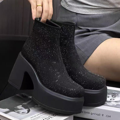 Starry Rhinestone Platform Chunky Heel Ankle Boots