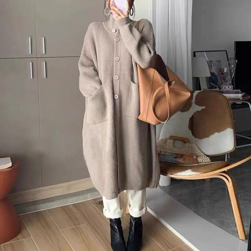 Women's Turtleneck Sweater Coat, Single-Breasted Solid Color Long-Sleeve