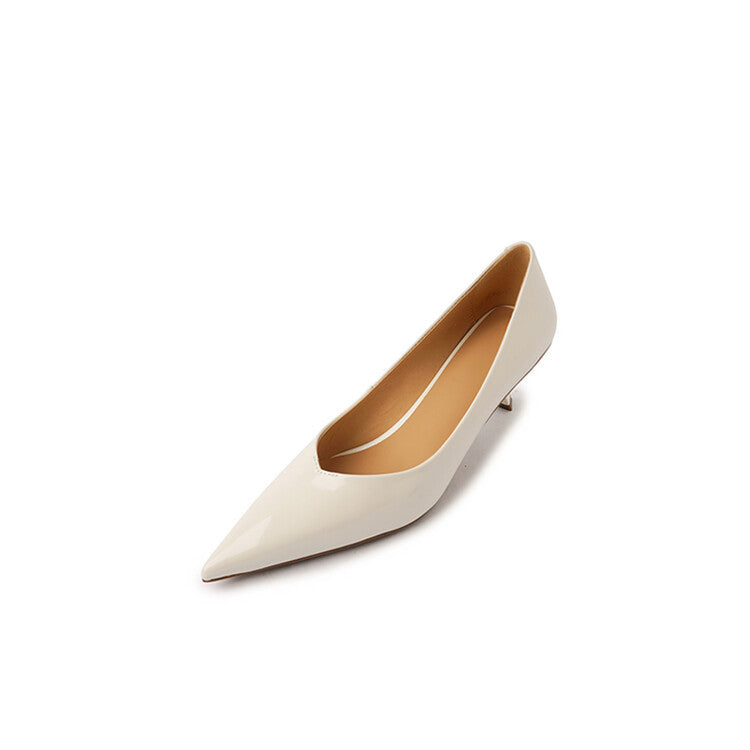 Korean Style Stiletto Heel Pointed Toe V-Shaped Mouth Pumps in Patent Sheepskin